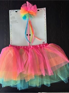 Claire's Pink Rainbow Tulle Tutu Skirt with Matching Pom Wand